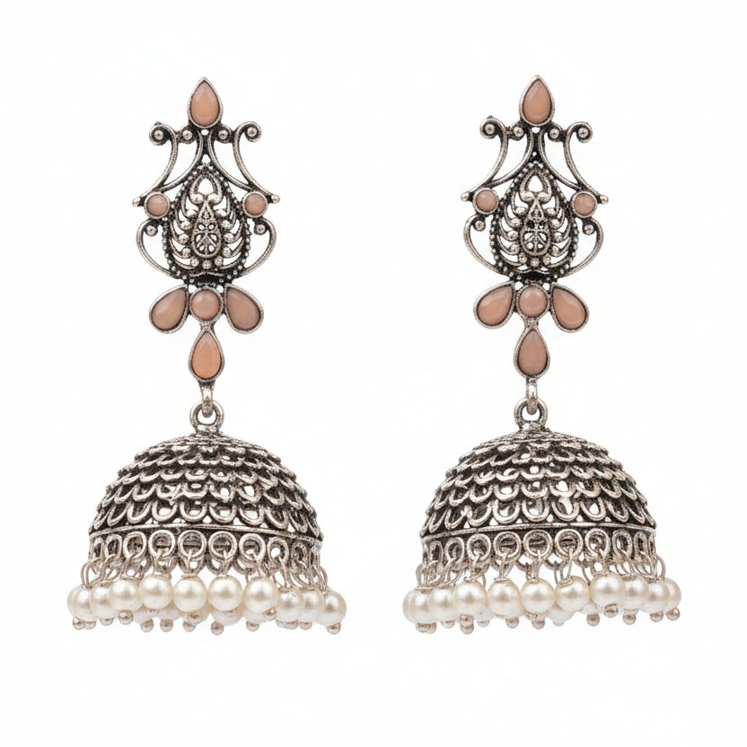 Royal Triple Bell Layered Jhumka Earring (Dark Maroon) Kalash Kamal earring (Light Orange) Combo set