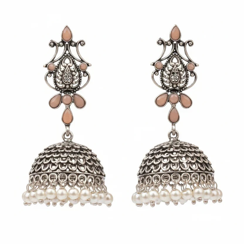 Peacock glow stone studded dangler earrings (White) Kalash Kamal earring (Light Orange) Combo set