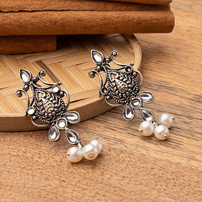 Flower motif hanging pearls dangler earring (White)