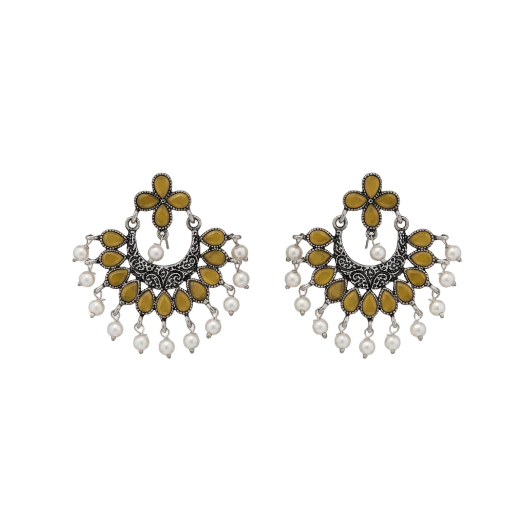 Yellow Stone Studded Statement German Silver Dangler Earrings