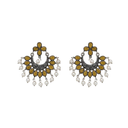 Yellow Stone Studded Statement German Silver Dangler Earrings