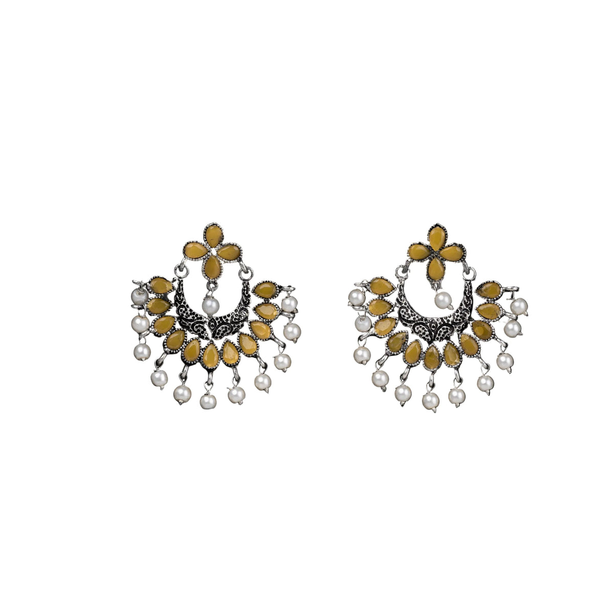 Yellow Stone Studded Statement German Silver Dangler Earrings