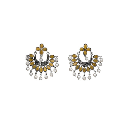 Yellow Stone Studded Statement German Silver Dangler Earrings