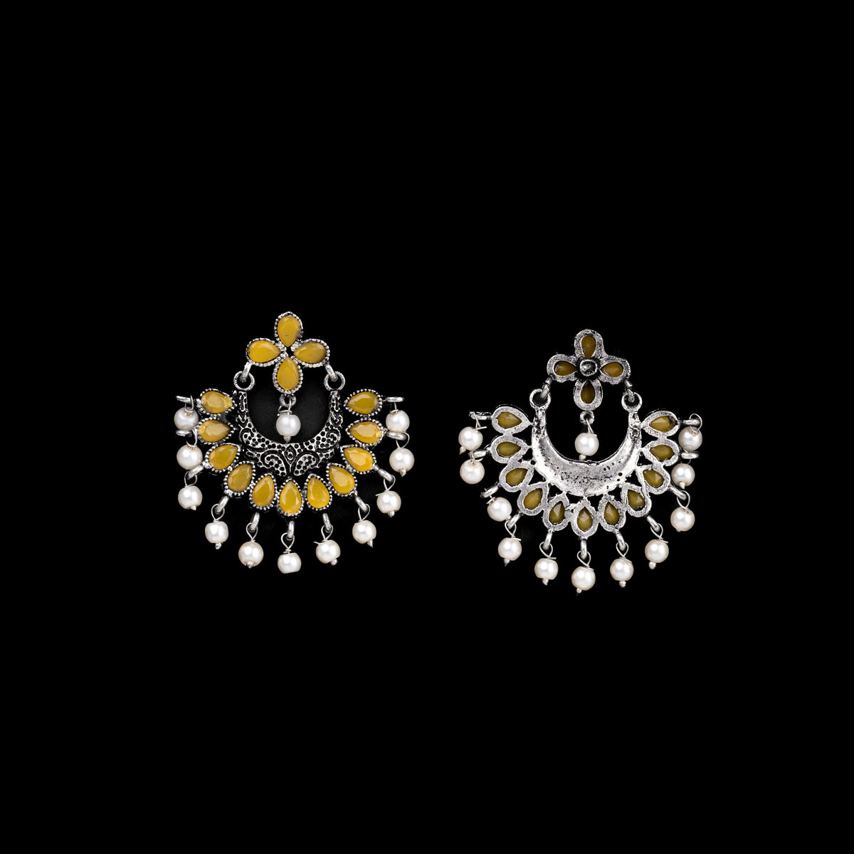 Yellow Stone Studded Statement German Silver Dangler Earrings