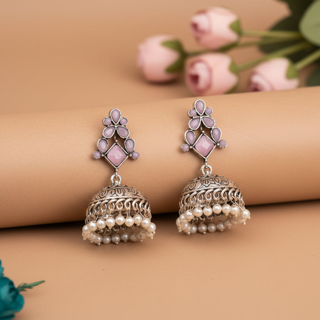Dazzle Dome pral jhumki earrings (Baby Pink)