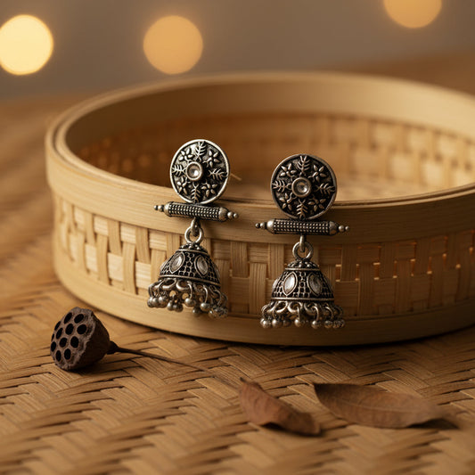 Oxidised antique floral jhumka earring with White stones