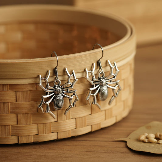 Silver Oxidised Spider Drop Earring