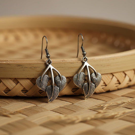 Silver Oxidised Triple Leaf Shaped Dangle & Drop Earring