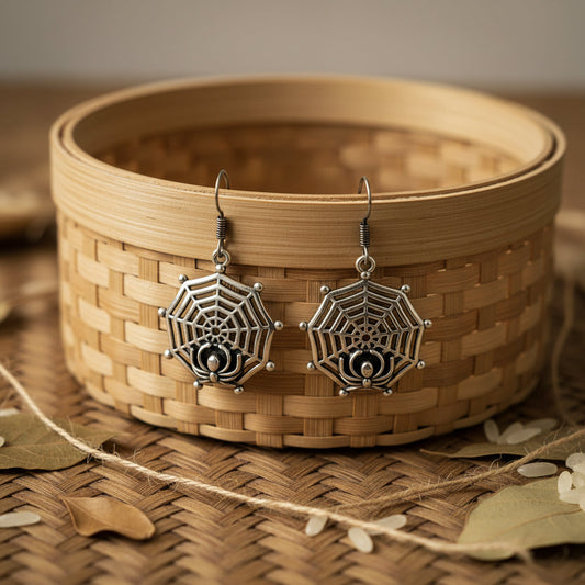 Gothic Antique Silver Spiderweb Dangle Hook Earring