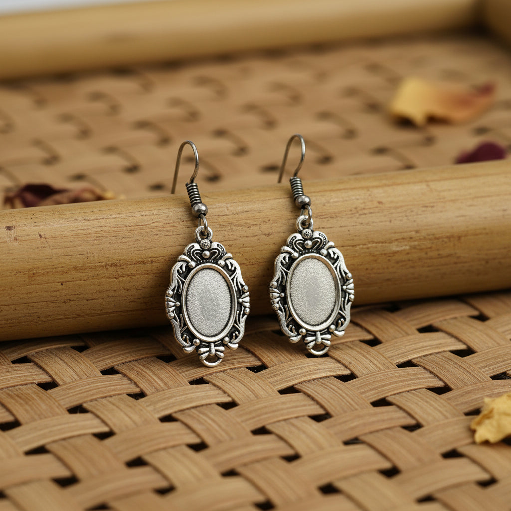 Oxidised Silver Vintage Oval Drop Earring