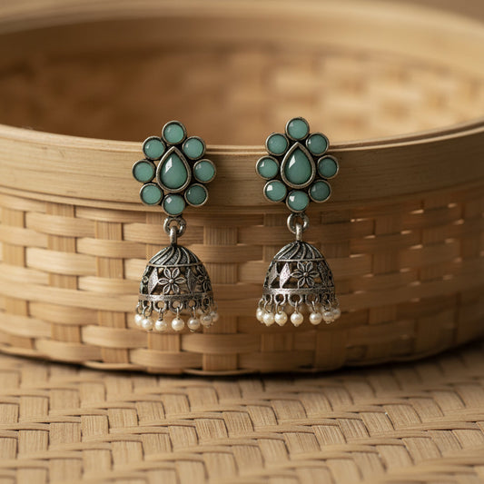 Oxidised Mint Stone Floral Stud Jhumka Earring