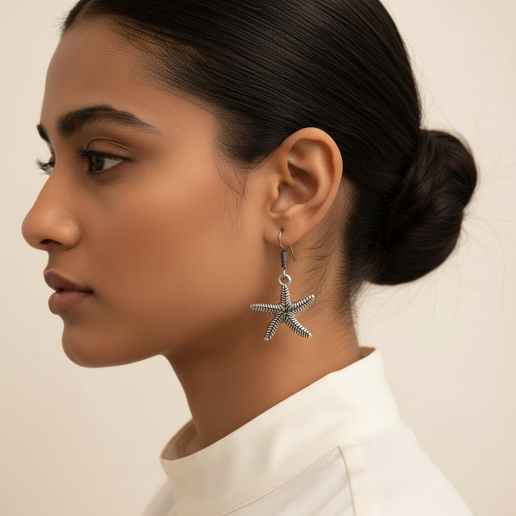Silver Oxidised Starfish Shaped Dangle & Drop Earring