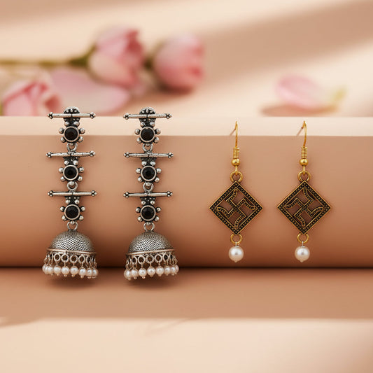 Royal Triple Bell Layered Jhumka Earring (Black) Swastik shaped dangler earrings Combo set